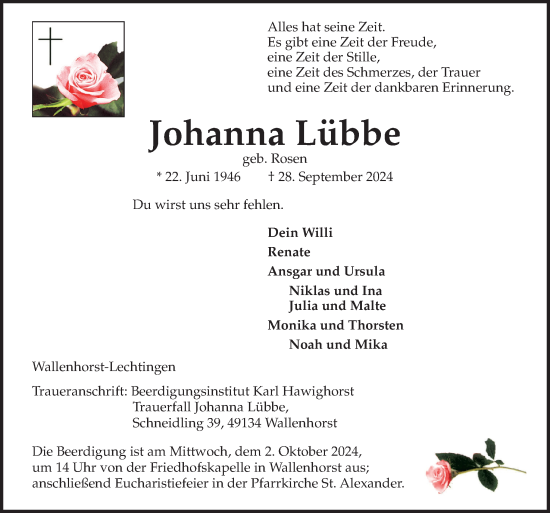 Traueranzeige von Johanna Lübbe von Neue Osnabrücker Zeitung GmbH & Co. KG