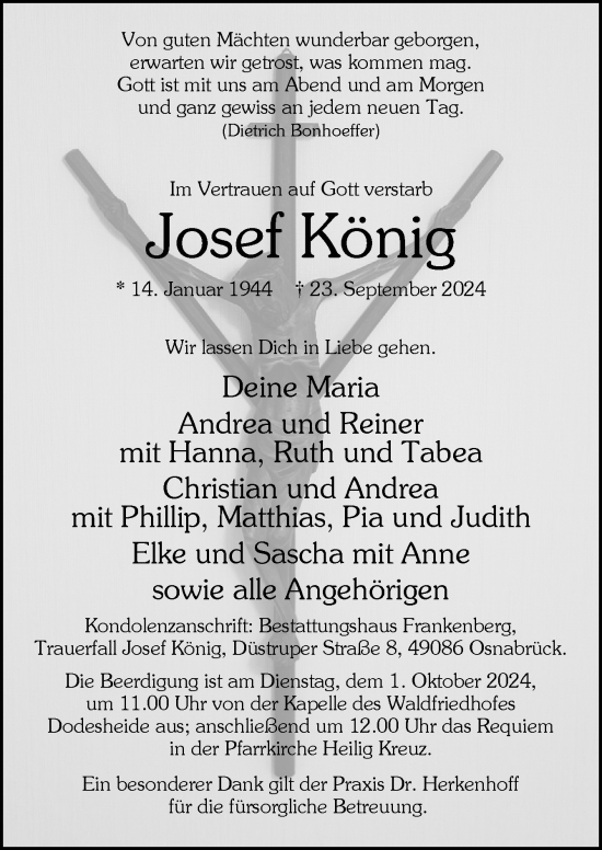 Traueranzeige von Josef König von Neue Osnabrücker Zeitung GmbH & Co. KG