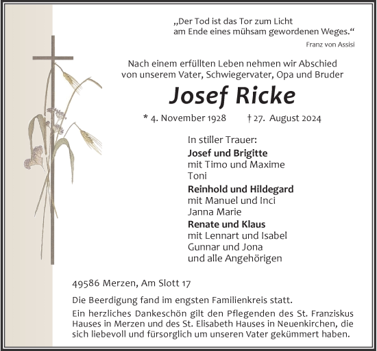 Traueranzeige von Josef Ricke von Neue Osnabrücker Zeitung GmbH & Co. KG