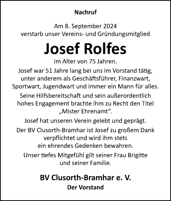 Traueranzeige von Josef Rolfes von Neue Osnabrücker Zeitung GmbH & Co. KG