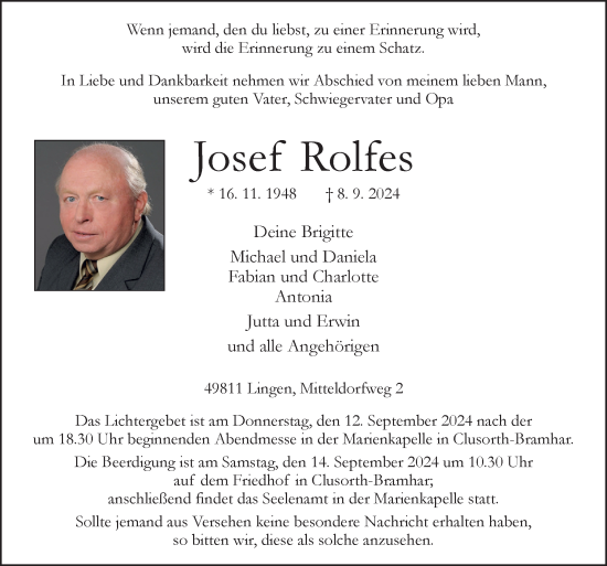 Traueranzeige von Josef Rolfes von Neue Osnabrücker Zeitung GmbH & Co. KG