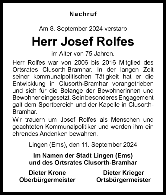 Traueranzeige von Josef Rolfes von Neue Osnabrücker Zeitung GmbH & Co. KG