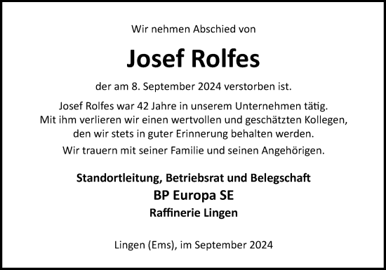 Traueranzeige von Josef Rolfes von Neue Osnabrücker Zeitung GmbH & Co. KG