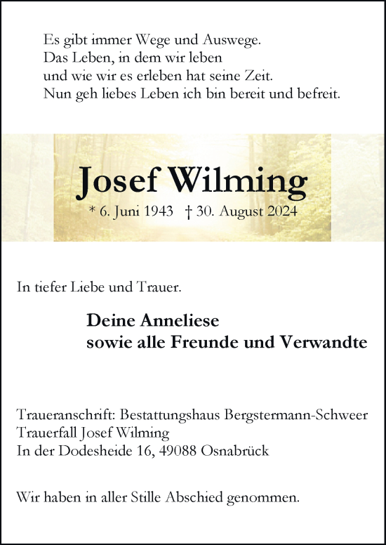 Traueranzeige von Josef Wilming von Neue Osnabrücker Zeitung GmbH & Co. KG