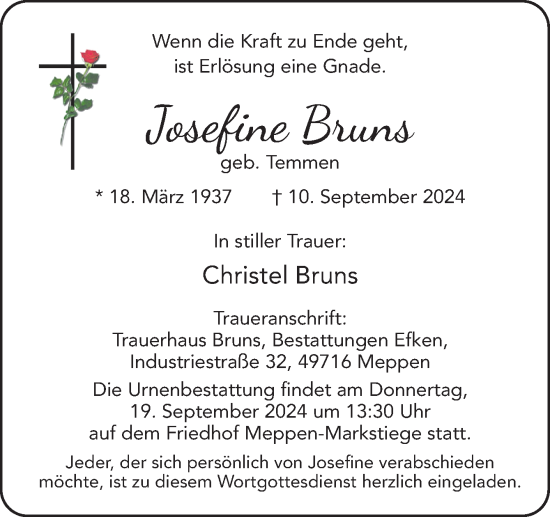 Traueranzeige von Josefine Bruns von Neue Osnabrücker Zeitung GmbH & Co. KG