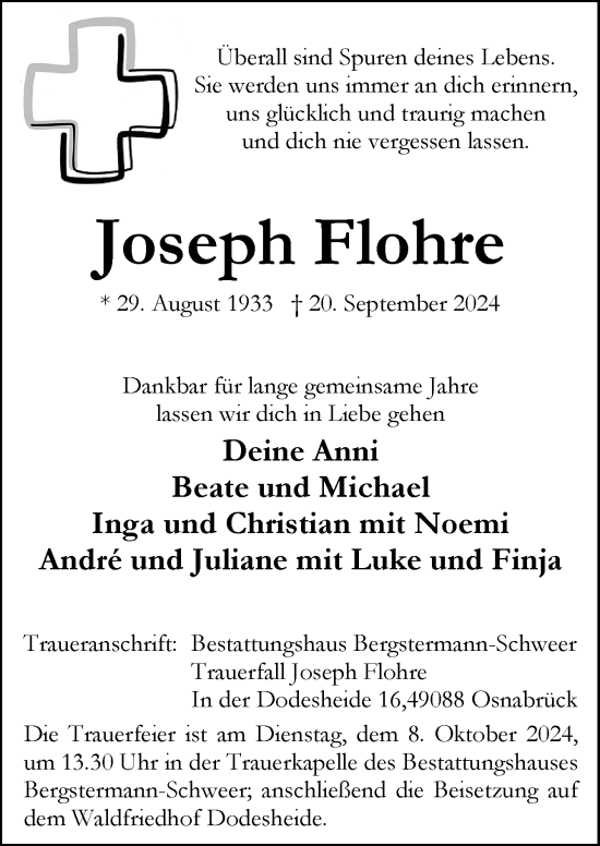 Traueranzeige von Joseph Flohre von Neue Osnabrücker Zeitung GmbH & Co. KG