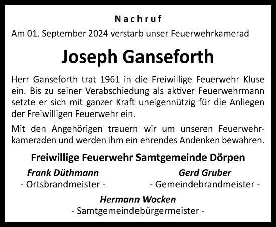 Traueranzeige von Joseph Ganseforth von Neue Osnabrücker Zeitung GmbH & Co. KG