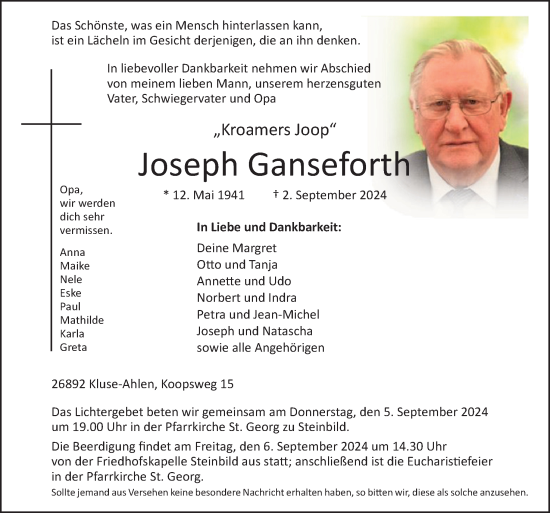 Traueranzeige von Joseph Ganseforth von Neue Osnabrücker Zeitung GmbH & Co. KG