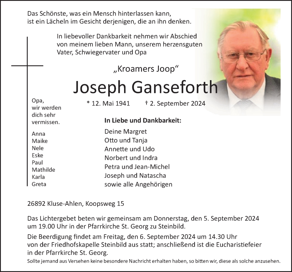  Traueranzeige für Joseph Ganseforth vom 04.09.2024 aus Neue Osnabrücker Zeitung GmbH & Co. KG