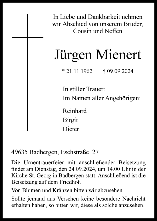 Traueranzeige von Jürgen Mienert von Neue Osnabrücker Zeitung GmbH & Co. KG