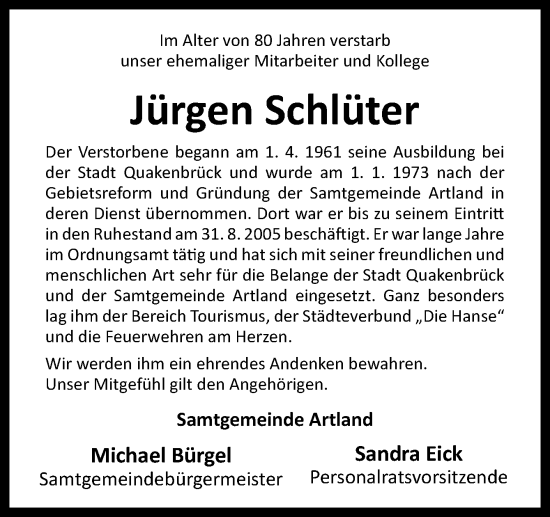 Traueranzeige von Jürgen Schlüter von Neue Osnabrücker Zeitung GmbH & Co. KG