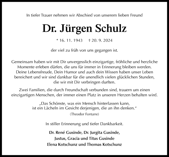 Traueranzeige von Jürgen Schulz von Neue Osnabrücker Zeitung GmbH & Co. KG