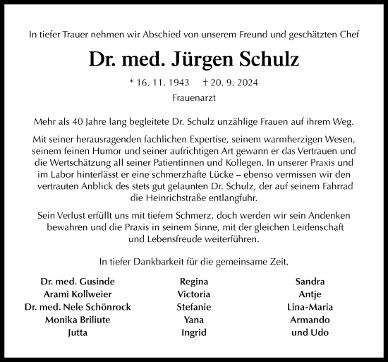 Traueranzeige von Jürgen Schulz von Neue Osnabrücker Zeitung GmbH & Co. KG