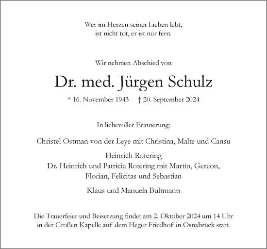 Traueranzeige von Jürgen Schulz von Neue Osnabrücker Zeitung GmbH & Co. KG