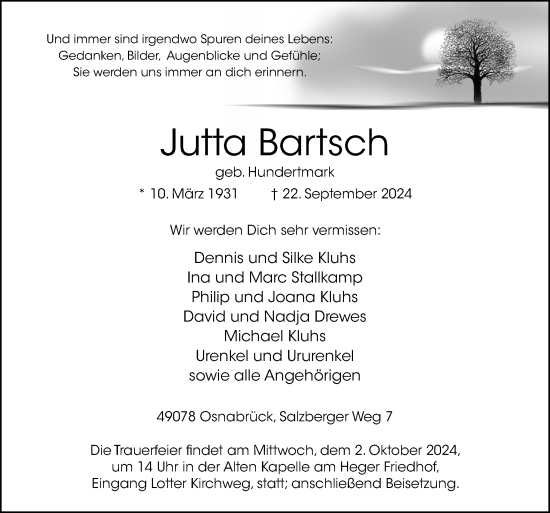 Traueranzeige von Jutta Bartsch von Neue Osnabrücker Zeitung GmbH & Co. KG