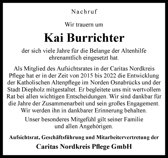 Traueranzeige von Kai Burrichter von Neue Osnabrücker Zeitung GmbH & Co. KG