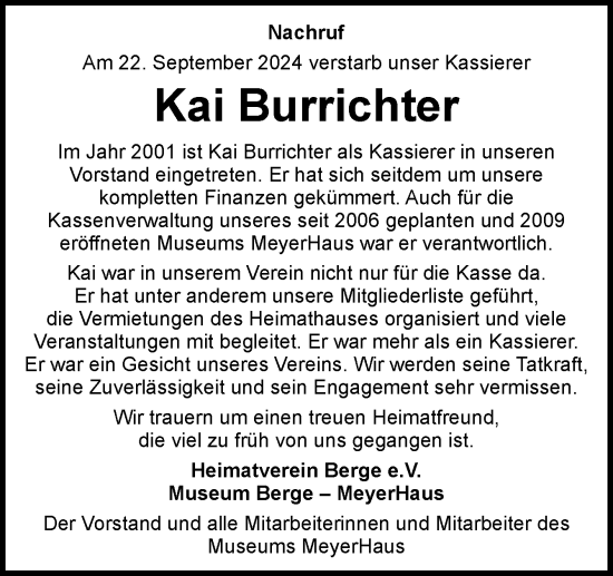 Traueranzeige von Kai Burrichter von Neue Osnabrücker Zeitung GmbH & Co. KG