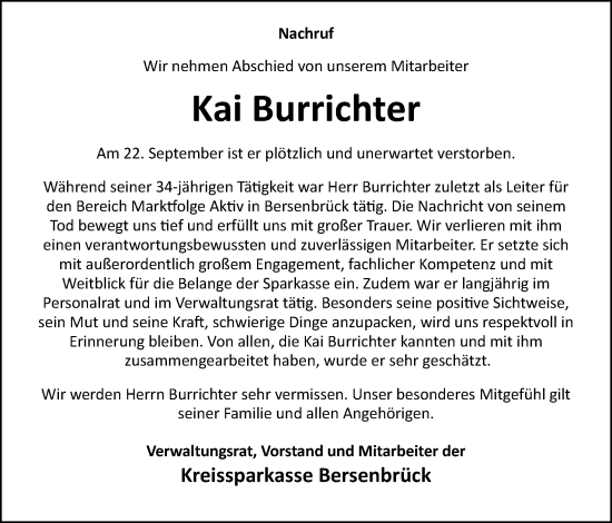 Traueranzeige von Kai Burrichter von Neue Osnabrücker Zeitung GmbH & Co. KG