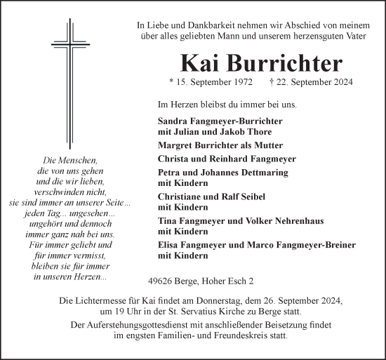 Traueranzeige von Kai Burrichter von Neue Osnabrücker Zeitung GmbH & Co. KG