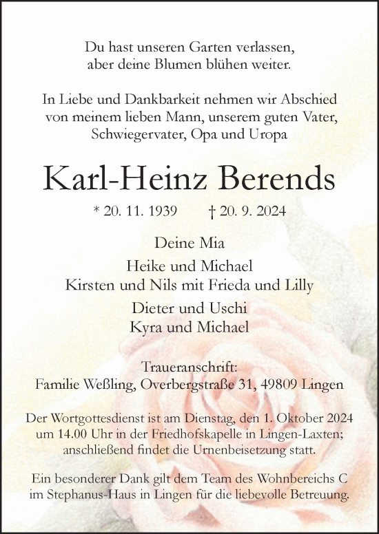 Traueranzeige von Karl-Heinz Berends von Neue Osnabrücker Zeitung GmbH & Co. KG