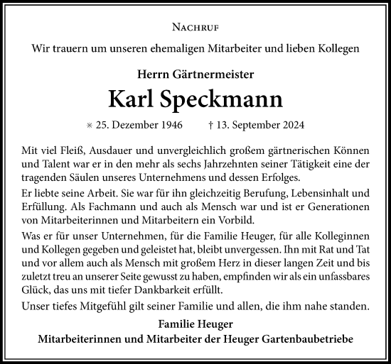 Traueranzeige von Karl Speckmann von Neue Osnabrücker Zeitung GmbH & Co. KG