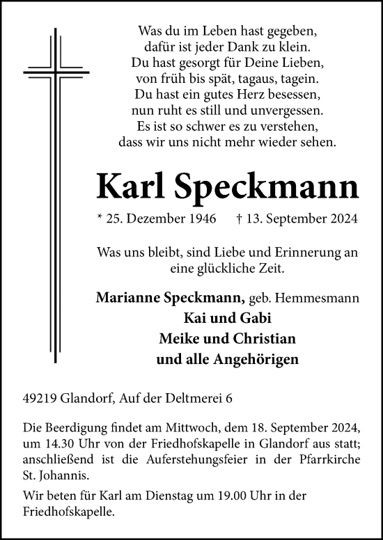 Traueranzeige von Karl Speckmann von Neue Osnabrücker Zeitung GmbH & Co. KG