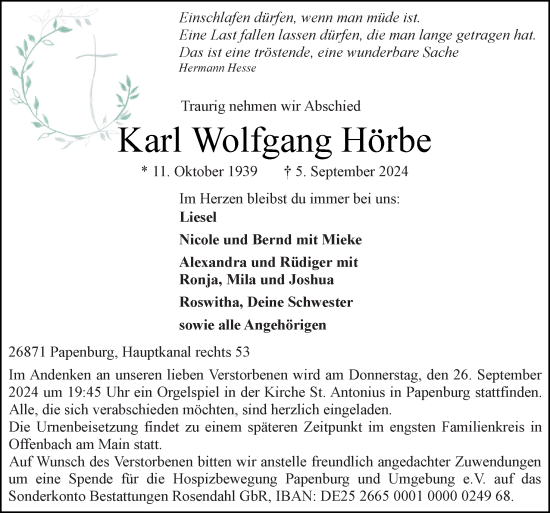 Traueranzeige von Karl Wolfgang Hörbe von Neue Osnabrücker Zeitung GmbH & Co. KG