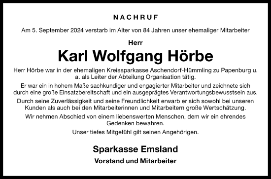 Traueranzeige von Karl Wolfgang Hörbe von Neue Osnabrücker Zeitung GmbH & Co. KG