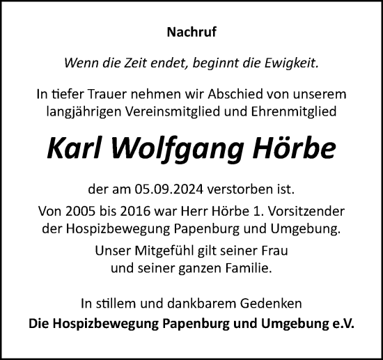 Traueranzeige von Karl Wolfgang Hörbe von Neue Osnabrücker Zeitung GmbH & Co. KG