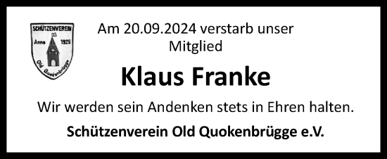 Traueranzeige von Klaus Franke von Neue Osnabrücker Zeitung GmbH & Co. KG