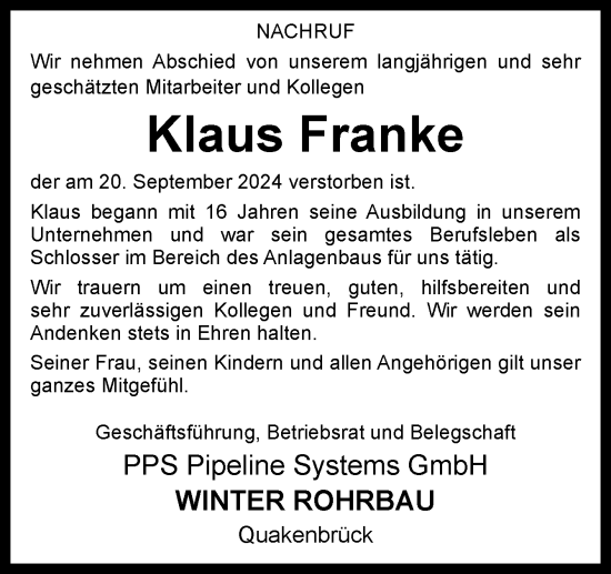 Traueranzeige von Klaus Franke von Neue Osnabrücker Zeitung GmbH & Co. KG