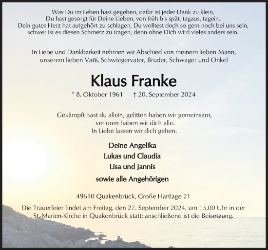 Traueranzeige von Klaus Franke von Neue Osnabrücker Zeitung GmbH & Co. KG