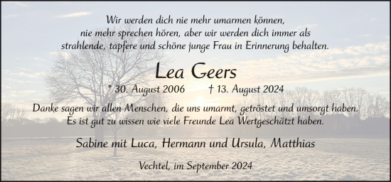 Traueranzeige von Lea Geers von Neue Osnabrücker Zeitung GmbH & Co. KG