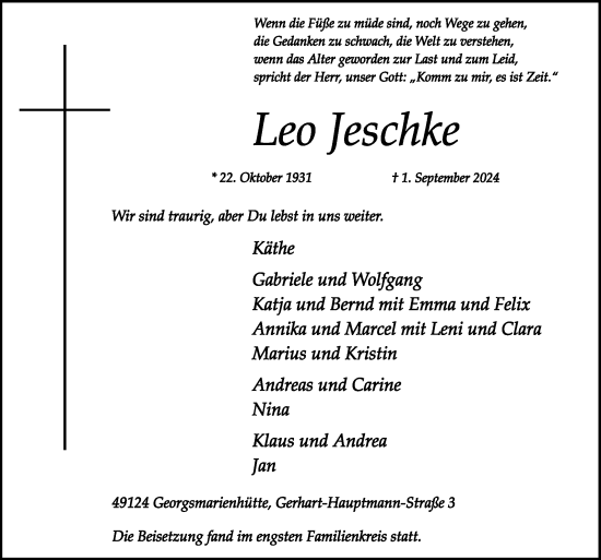 Traueranzeige von Leo Jeschke von Neue Osnabrücker Zeitung GmbH & Co. KG