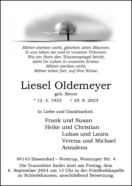 Traueranzeige von Liesel Oldemeyer von Neue Osnabrücker Zeitung GmbH & Co. KG