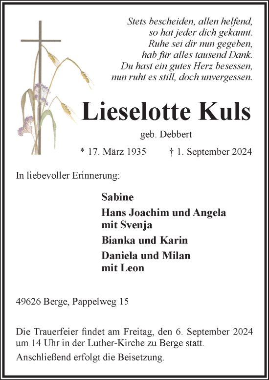 Traueranzeige von Lieselotte Kuls von Neue Osnabrücker Zeitung GmbH & Co. KG