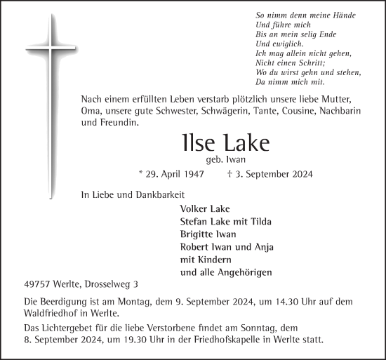 Traueranzeige von llse Lake von Neue Osnabrücker Zeitung GmbH & Co. KG