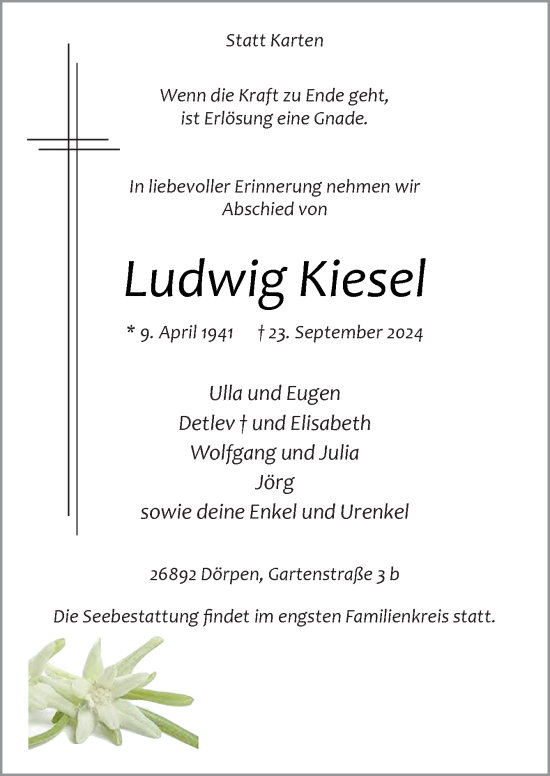 Traueranzeige von Ludwig Kiesel von Neue Osnabrücker Zeitung GmbH & Co. KG