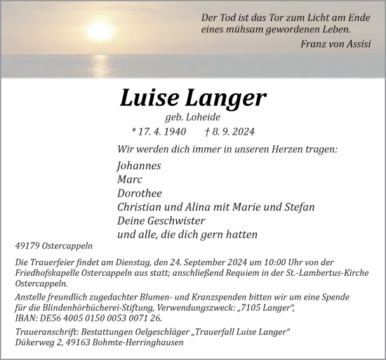 Traueranzeige von Luise Langer von Neue Osnabrücker Zeitung GmbH & Co. KG