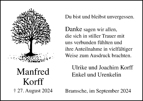 Traueranzeige von Manfred Korff von Neue Osnabrücker Zeitung GmbH & Co. KG