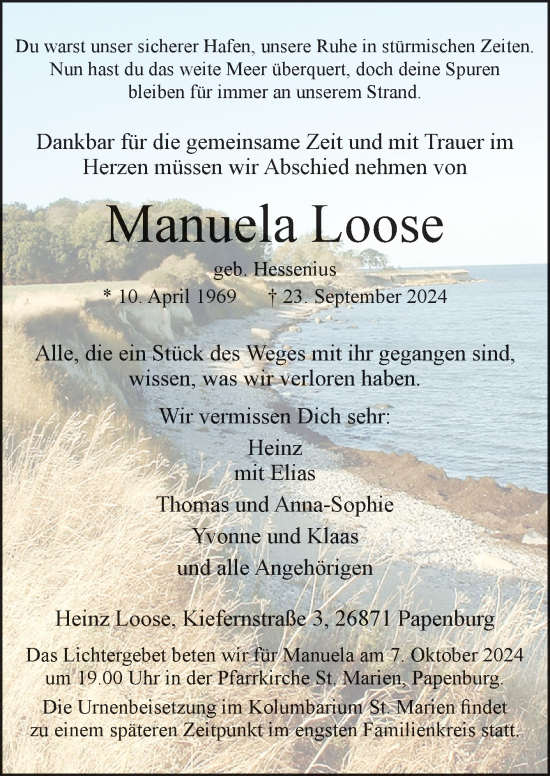 Traueranzeige von Manuela Loose von Neue Osnabrücker Zeitung GmbH & Co. KG