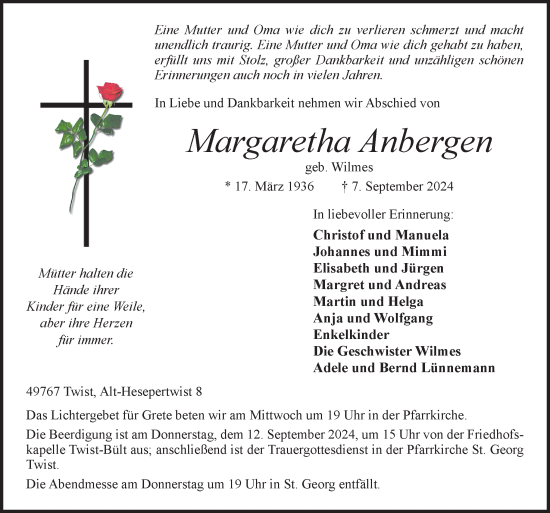 Traueranzeige von Margaretha Anbergen von Neue Osnabrücker Zeitung GmbH & Co. KG