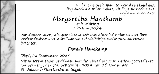 Traueranzeige von Margaretha Hanekamp von Neue Osnabrücker Zeitung GmbH & Co. KG