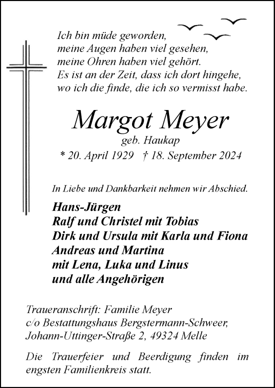 Traueranzeige von Margot Meyer von Neue Osnabrücker Zeitung GmbH & Co. KG