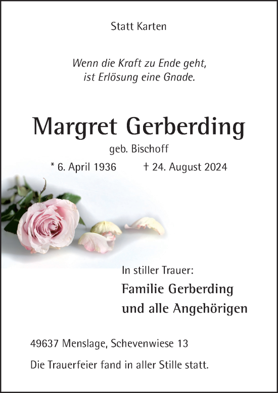 Traueranzeige von Margret Gerberding von Neue Osnabrücker Zeitung GmbH & Co. KG