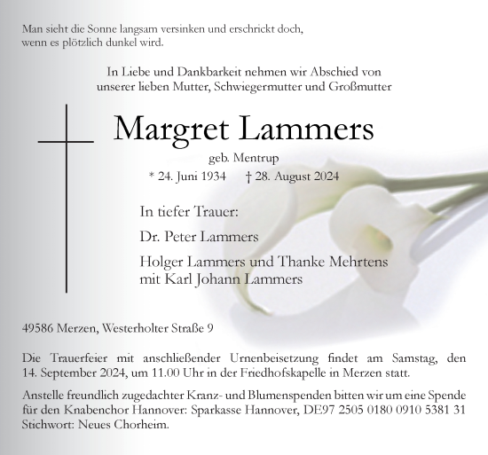 Traueranzeige von Margret Lammers von Neue Osnabrücker Zeitung GmbH & Co. KG