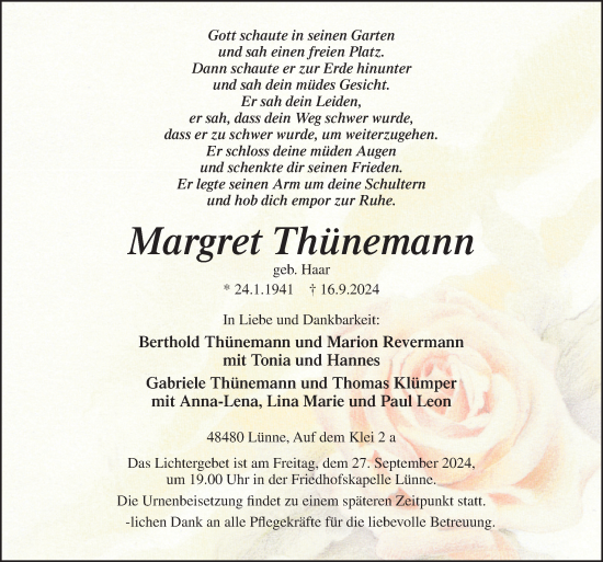 Traueranzeige von Margret Thünemann von Neue Osnabrücker Zeitung GmbH & Co. KG