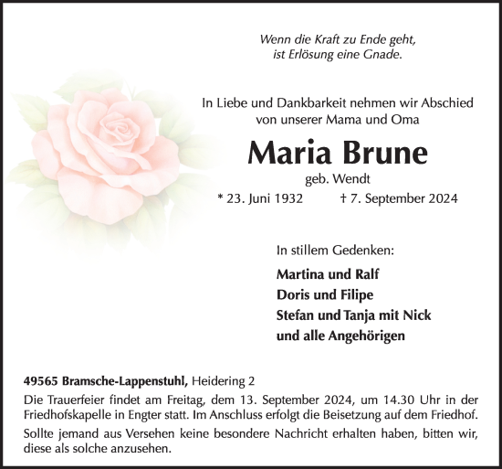 Traueranzeige von Maria Brune von Neue Osnabrücker Zeitung GmbH & Co. KG