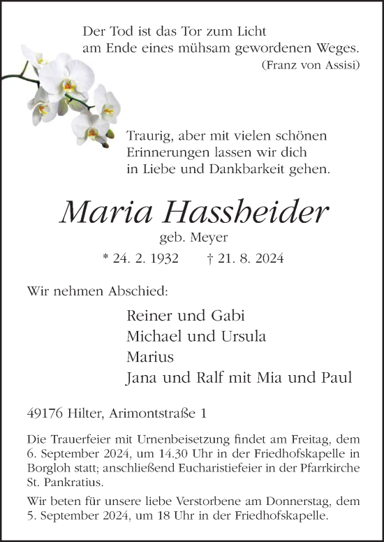 Traueranzeige von Maria Hassheider von Neue Osnabrücker Zeitung GmbH & Co. KG