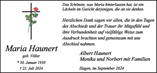 Traueranzeige von Maria Haunert von Neue Osnabrücker Zeitung GmbH & Co. KG